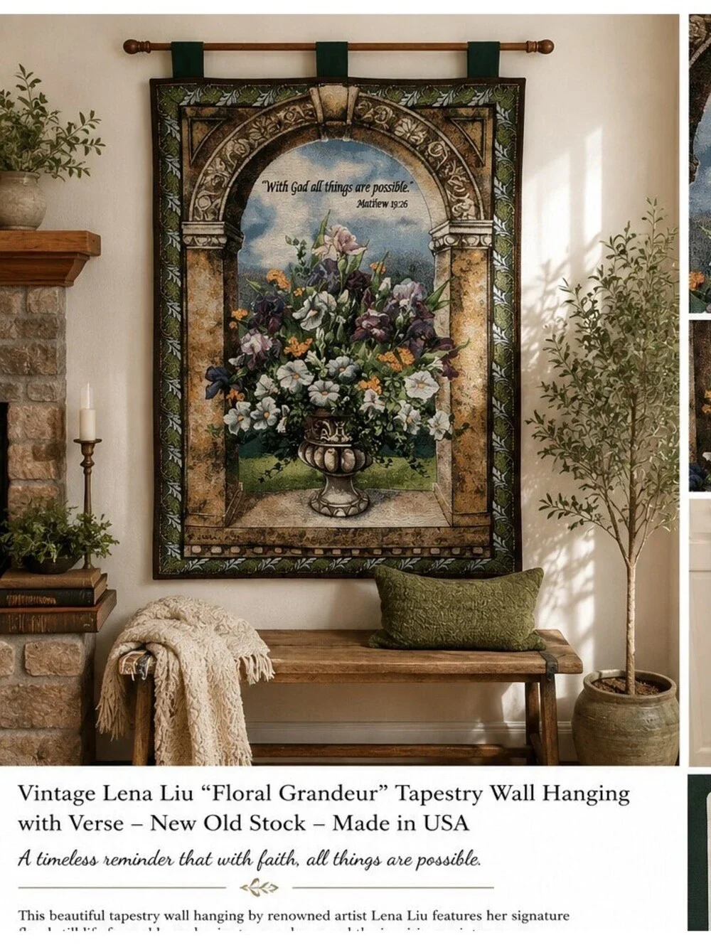 Vintage Lena Liu Floral Grandeur Woven Tapestry Wall Hanging Matthew 19:26 NOS